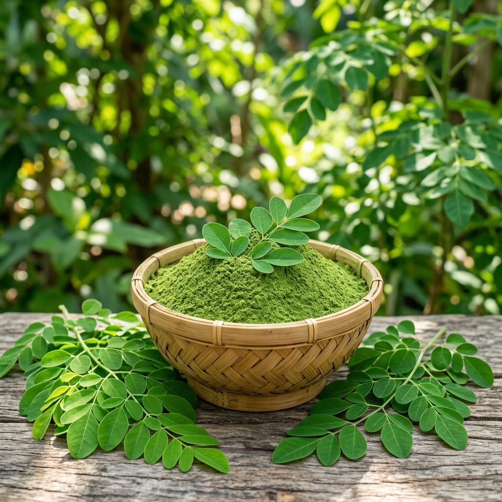 Vibrant green Moringa oleifera leaves and leaf powder