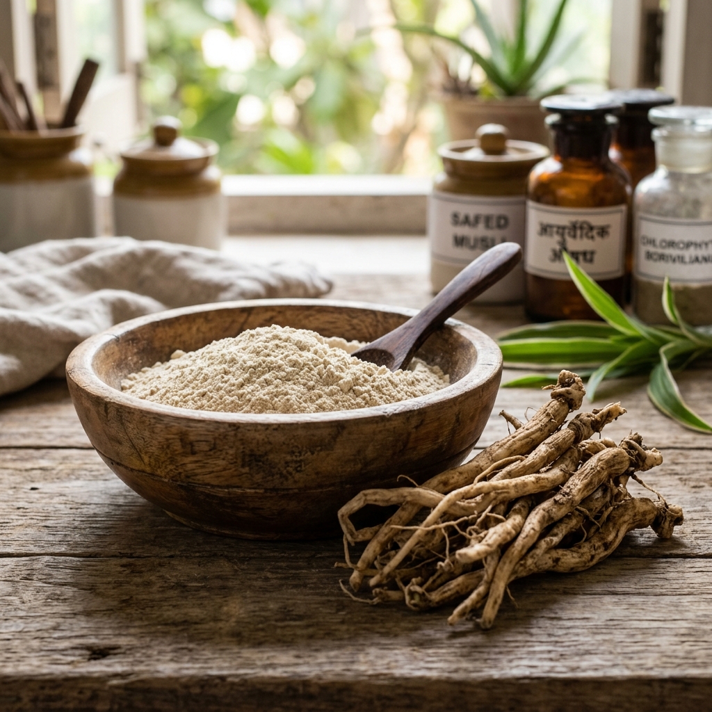 Natural Indian Spider Plant Safed Musli roots and herbal powder