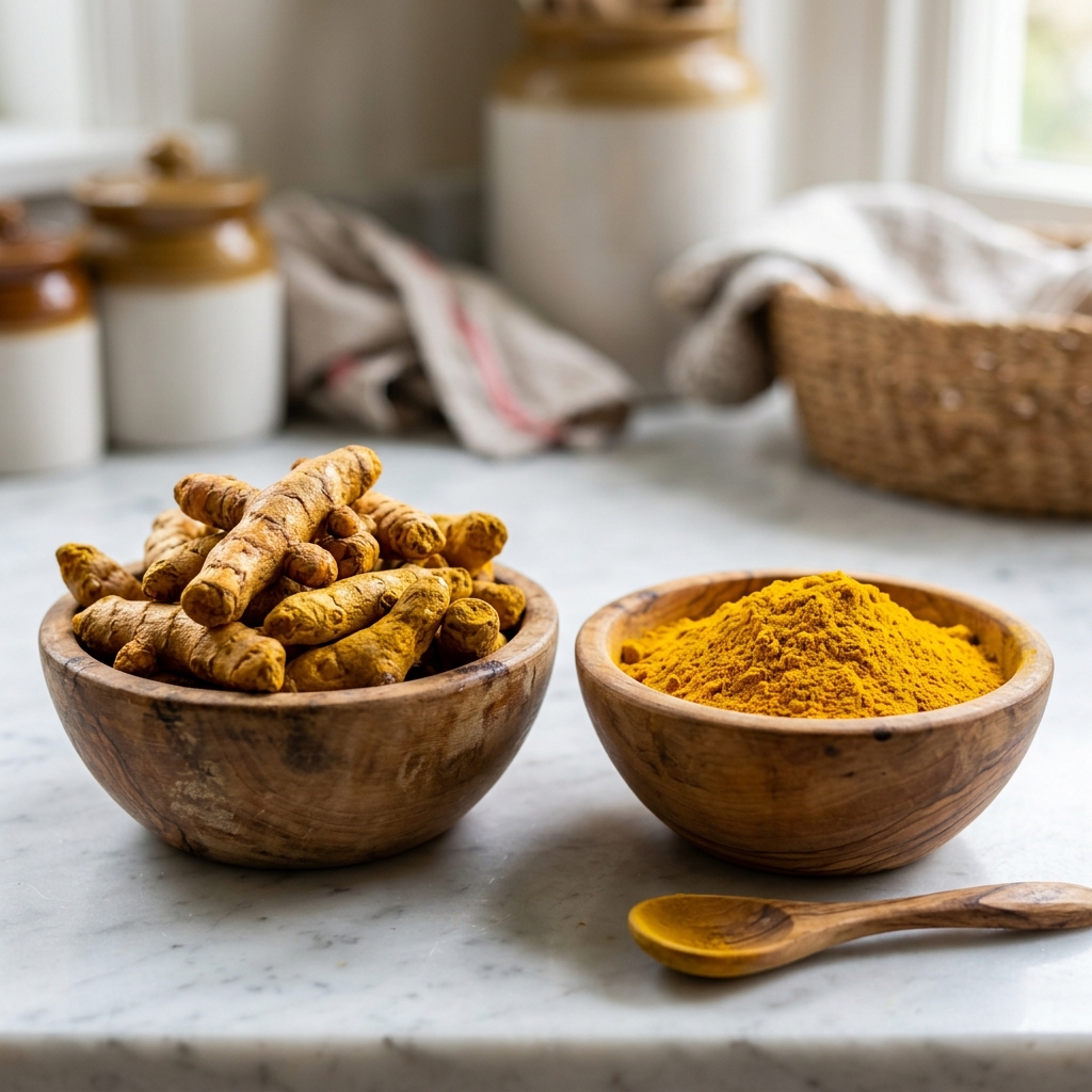 Whole golden turmeric fingers and turmeric powder in rustic wooden bowls