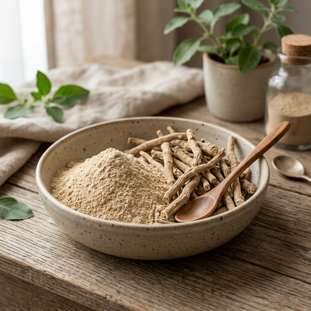 Natural ashwagandha roots and pure herbal powder