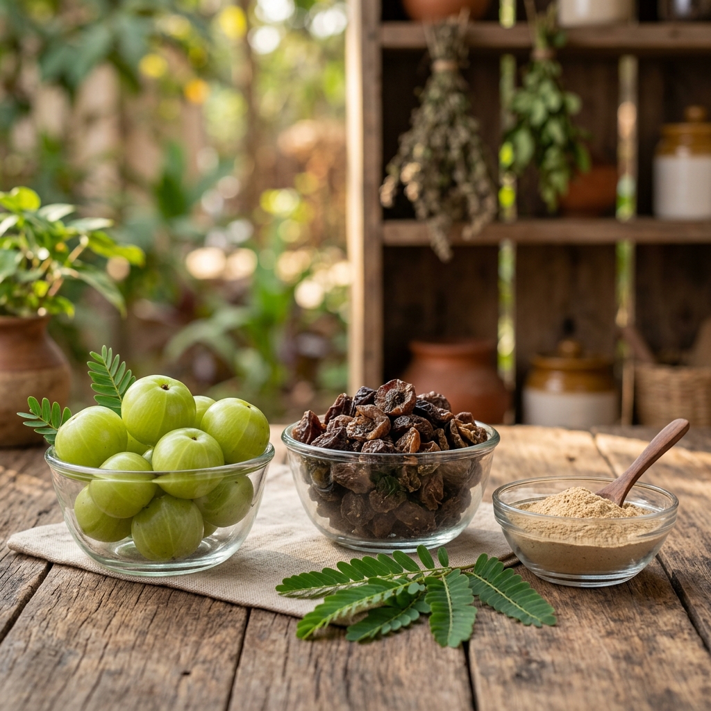 Fresh and dried Indian Aamala gooseberries and amla powder